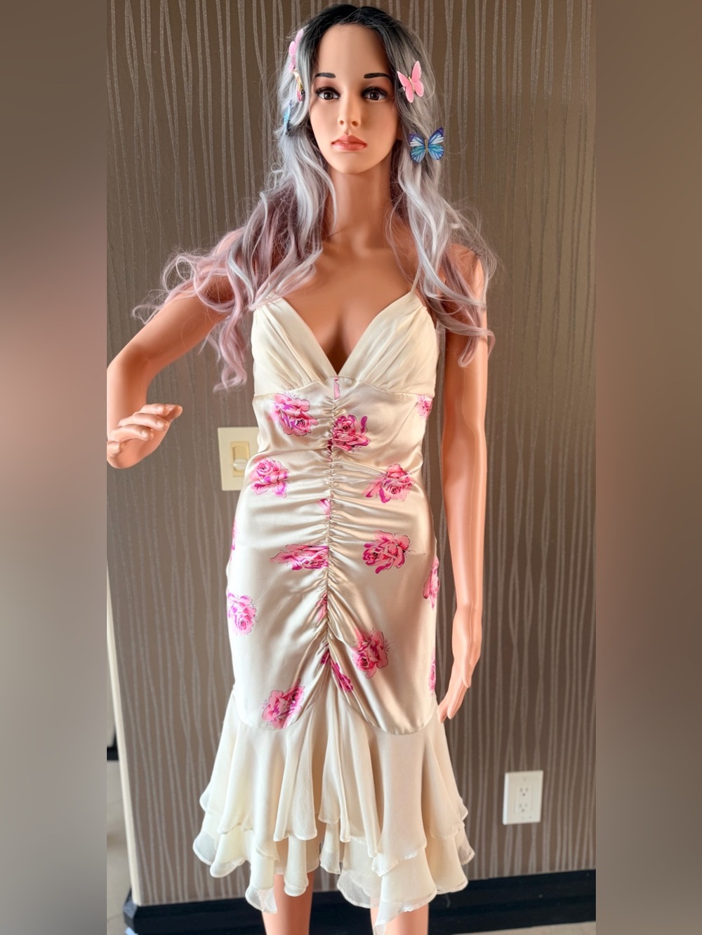 Betsey Johnson Vintage Cream Maxi Slip Dress with Pink Floral Print.
